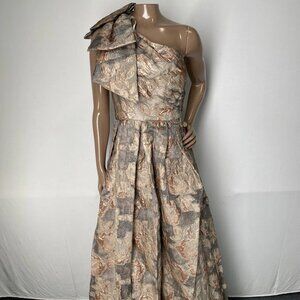 Donna Karan Women’s One-Shoulder Bow Maxi Ball Gown Size 2 Ash Brown Floral